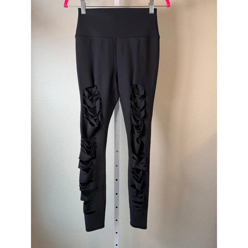 Alo Yoga Black High-Waist Warrior Shredded Laser Cut Leggings Womens Size Small